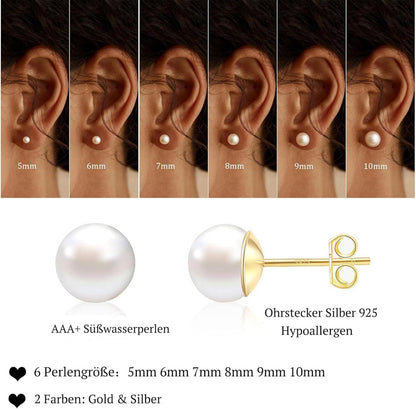 FUNEIA Perlen Ohrringe Silber 925 Stecker Weiße Süßwasserperlen Ohrstecker Gold