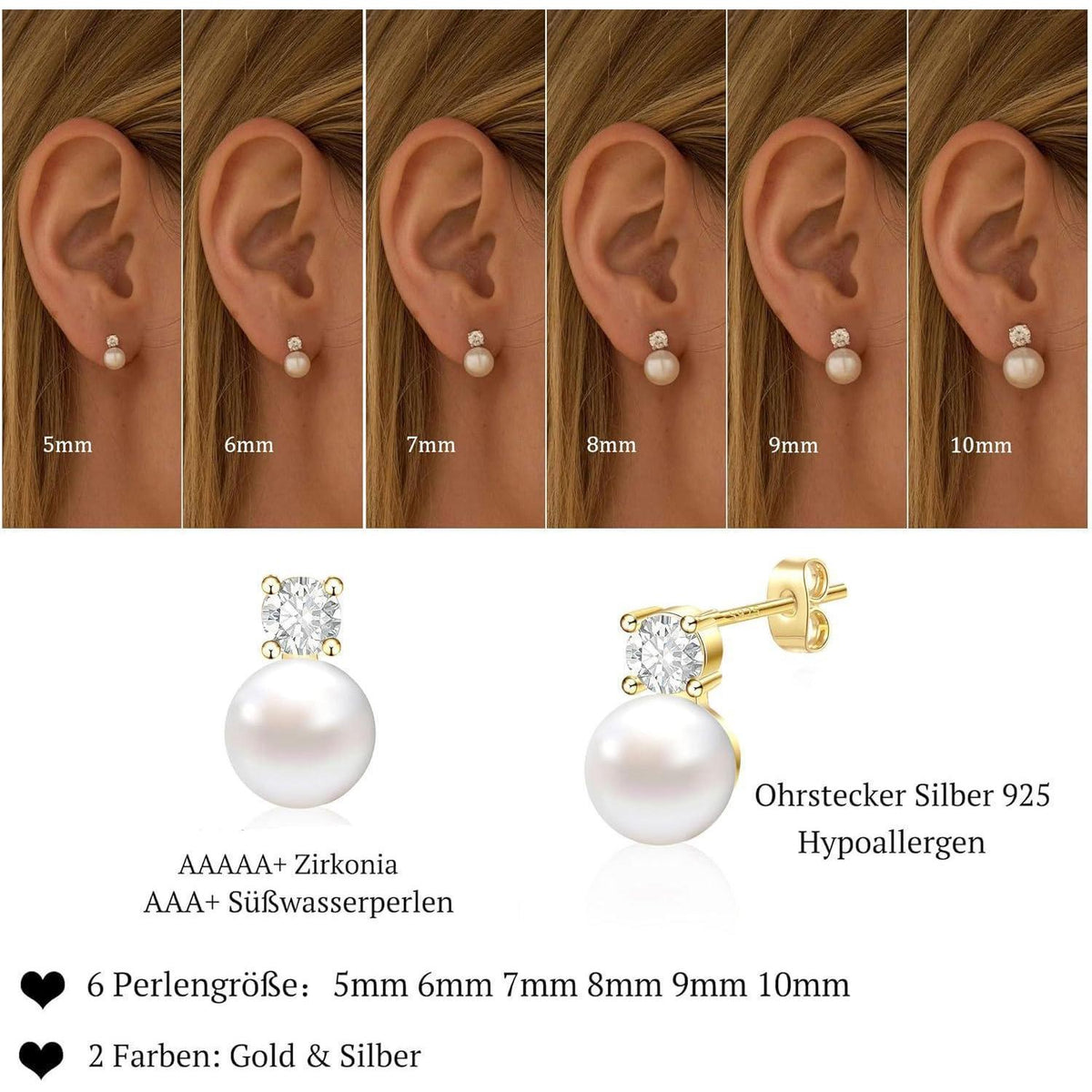 Perlen Ohrstecker 925 Silber Süßwasserperle Weiß B-Gold