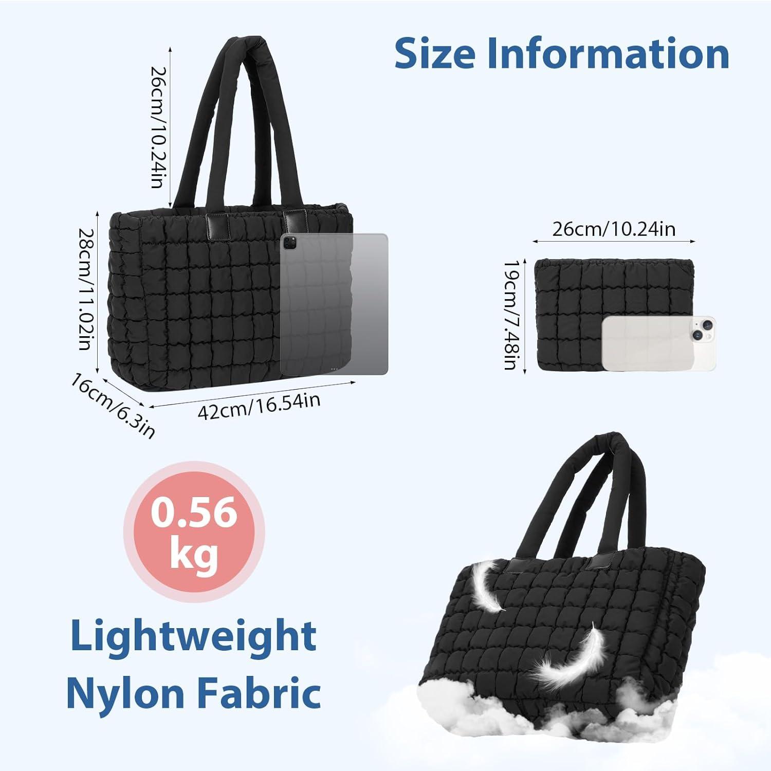 Große gesteppte Tote Bag Schwarz mit Reißverschluss - Damen Schultertasche Shopping Bag