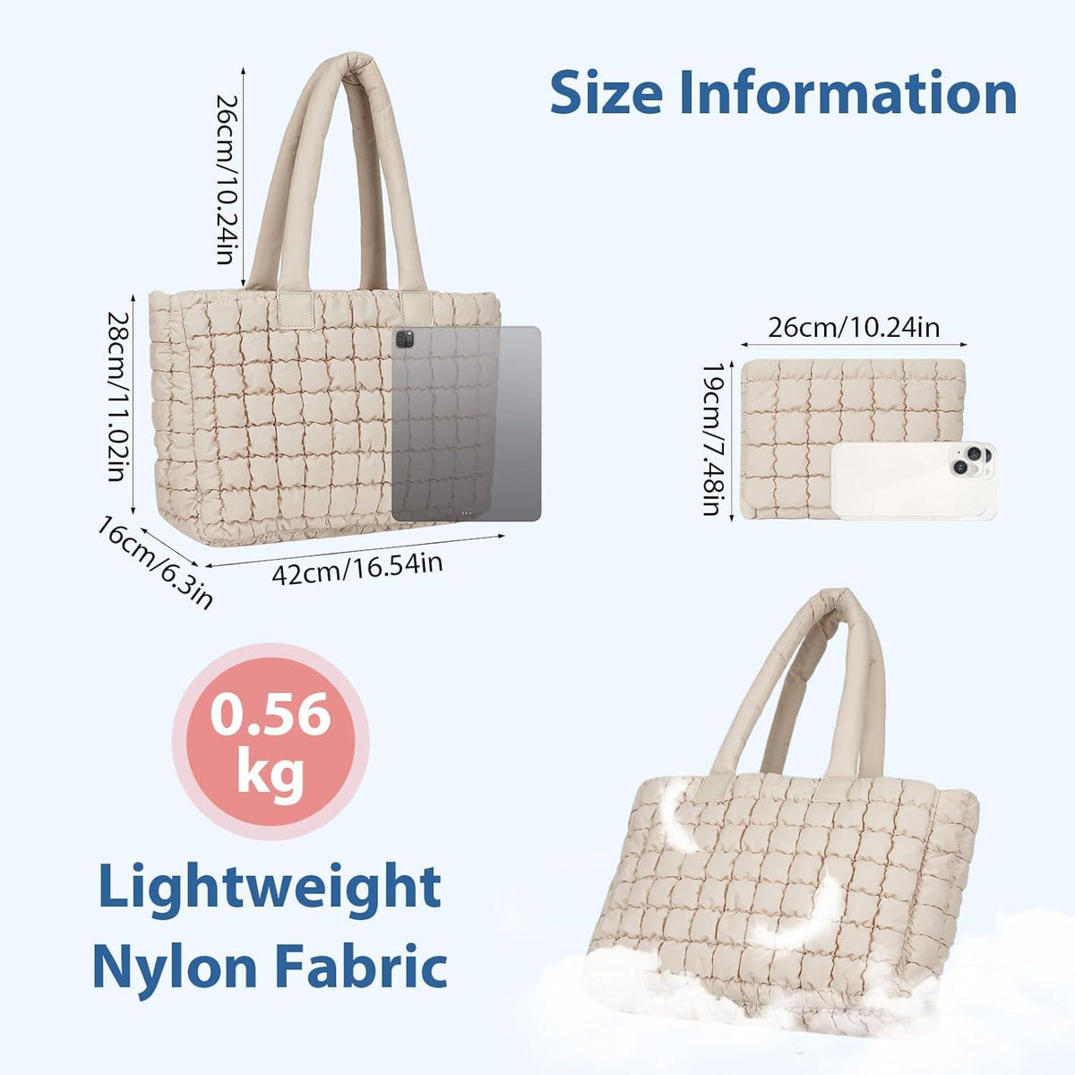 Große gesteppte Tote Bag Beige mit Reißverschluss - Damen Shopper-Tasche