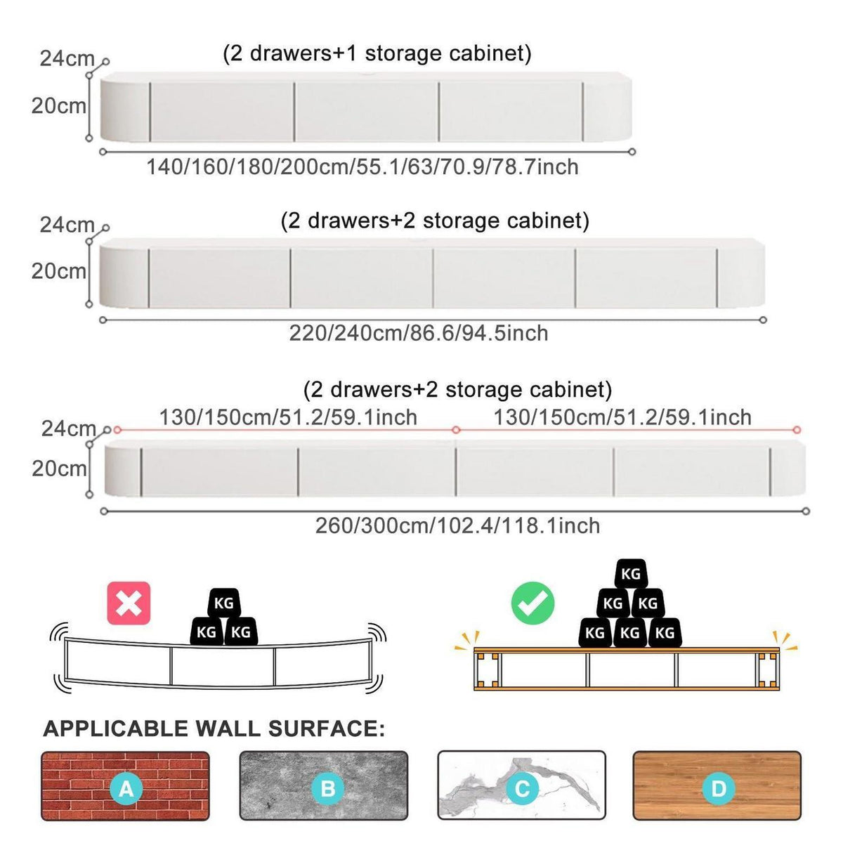 Moderner TV Schrank Weiß 140cm | Hängendes Lowboard mit Schubladen