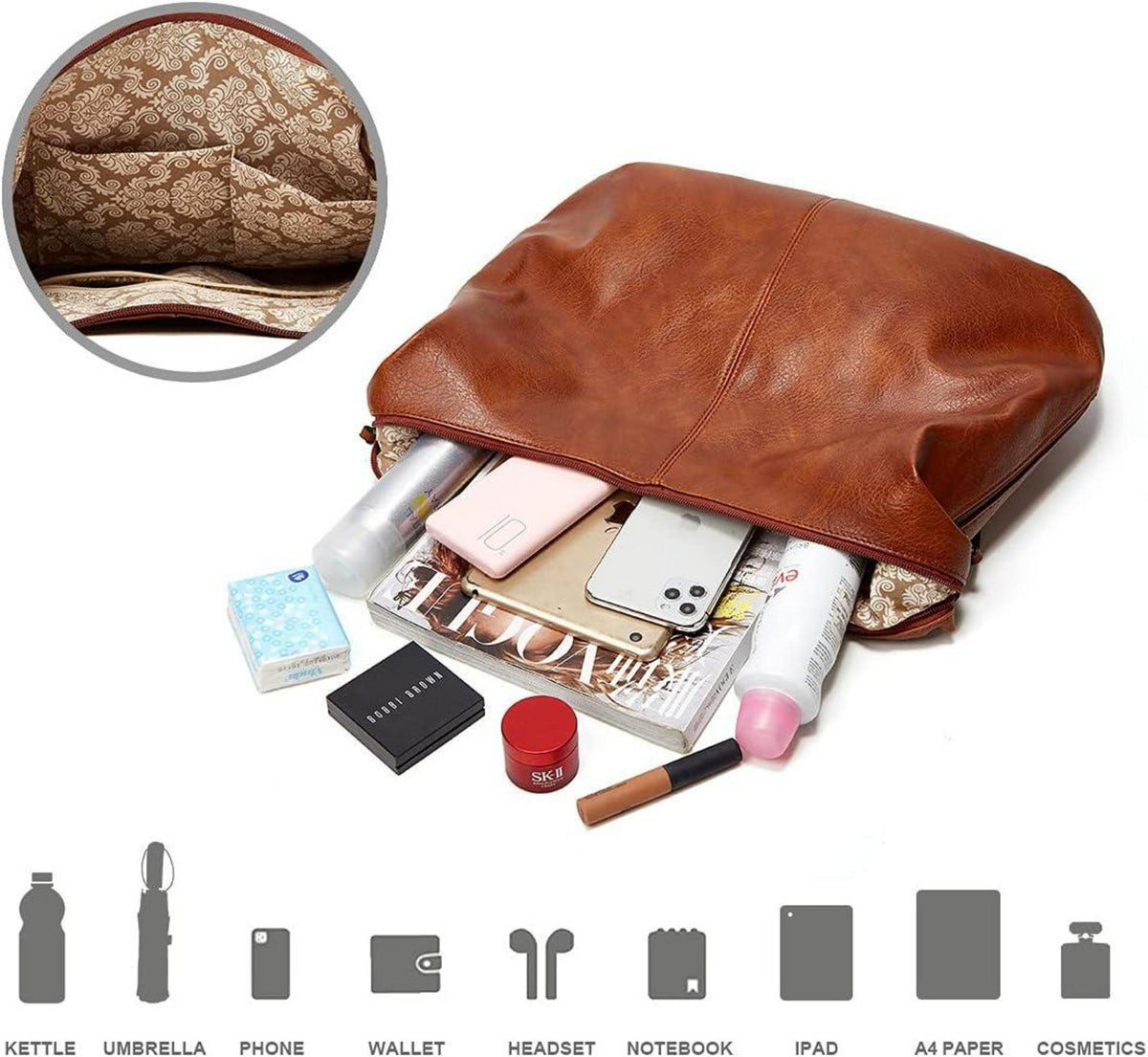 Pahajim Damen Handtaschen Set Leder Shopper Hobo Umhängetasche Groß - Schwarz