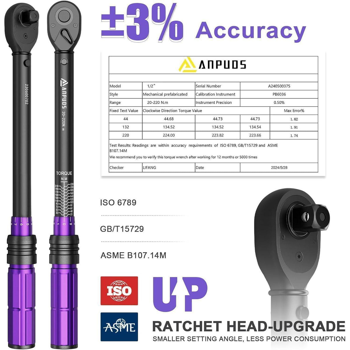 Drehmomentschlüssel 1/2 Zoll, 20-220 Nm, Präzision ±3%