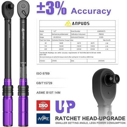 Drehmomentschlüssel 1/2 Zoll, 20-220 Nm, Präzision ±3%