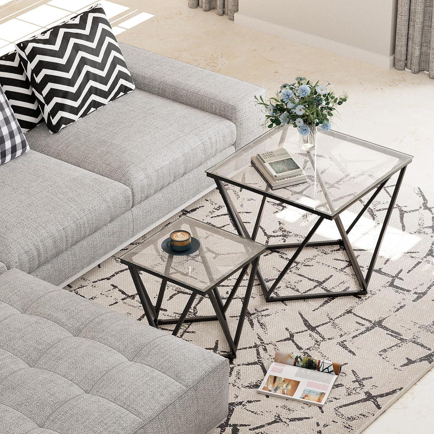 Quadratisches 2er Couchtisch Set Glas Stahlbeine Transparent