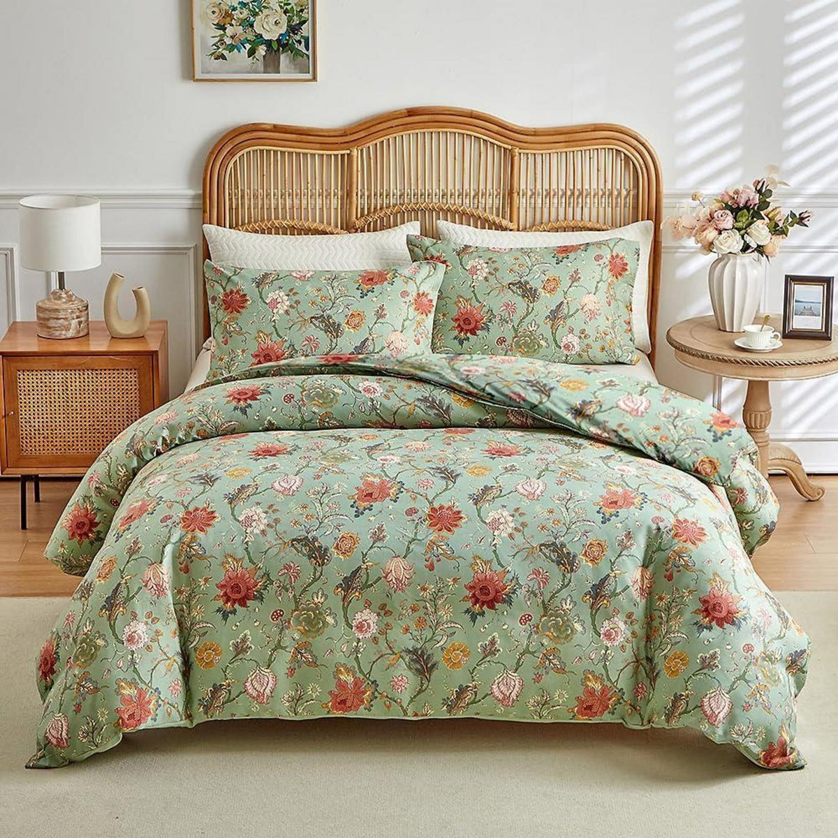 Bettwäsche-Set 200x220 cm, Vintage Blumenmuster Grün