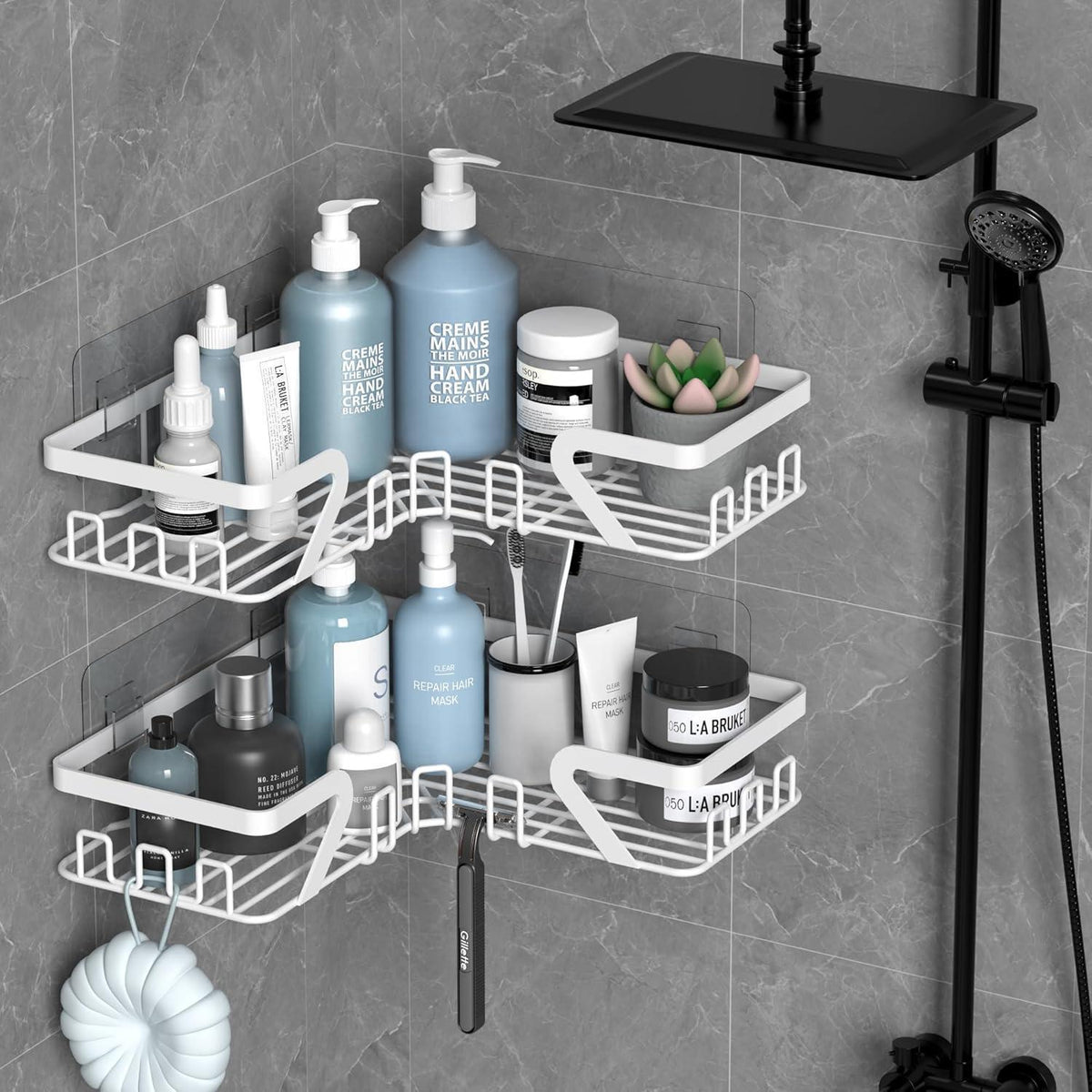 Duschregal Ecke ohne Bohren, Edelstahl, Weiß 2 Stück