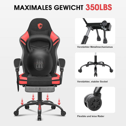 Gaming Stuhl mit Massage und Fußstütze, ergonomisch, 158 kg