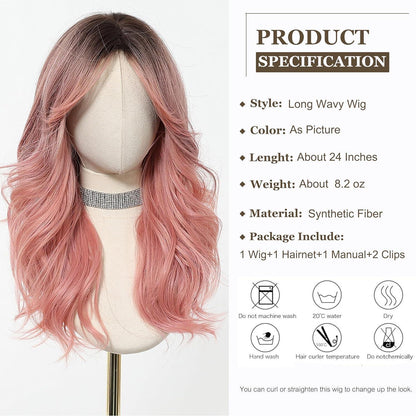 Lange Welle Ombre Rosa Perücke mit Pony – Synthetisch & Natürlich