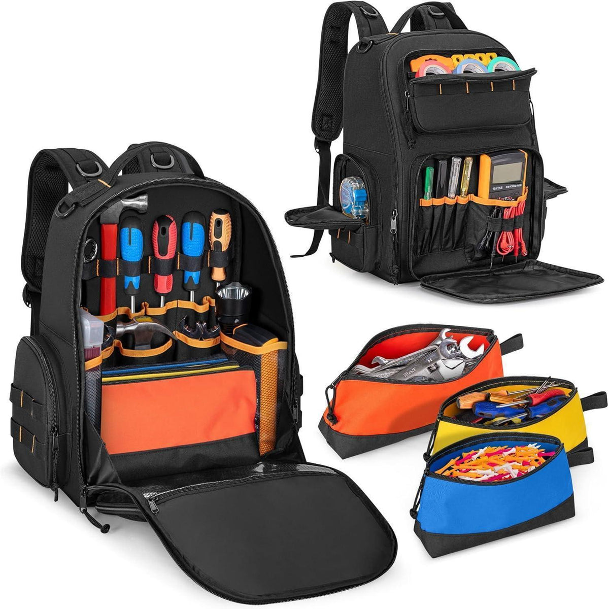 Werkzeugrucksack mit 3 Organizer-Taschen, Schwarz