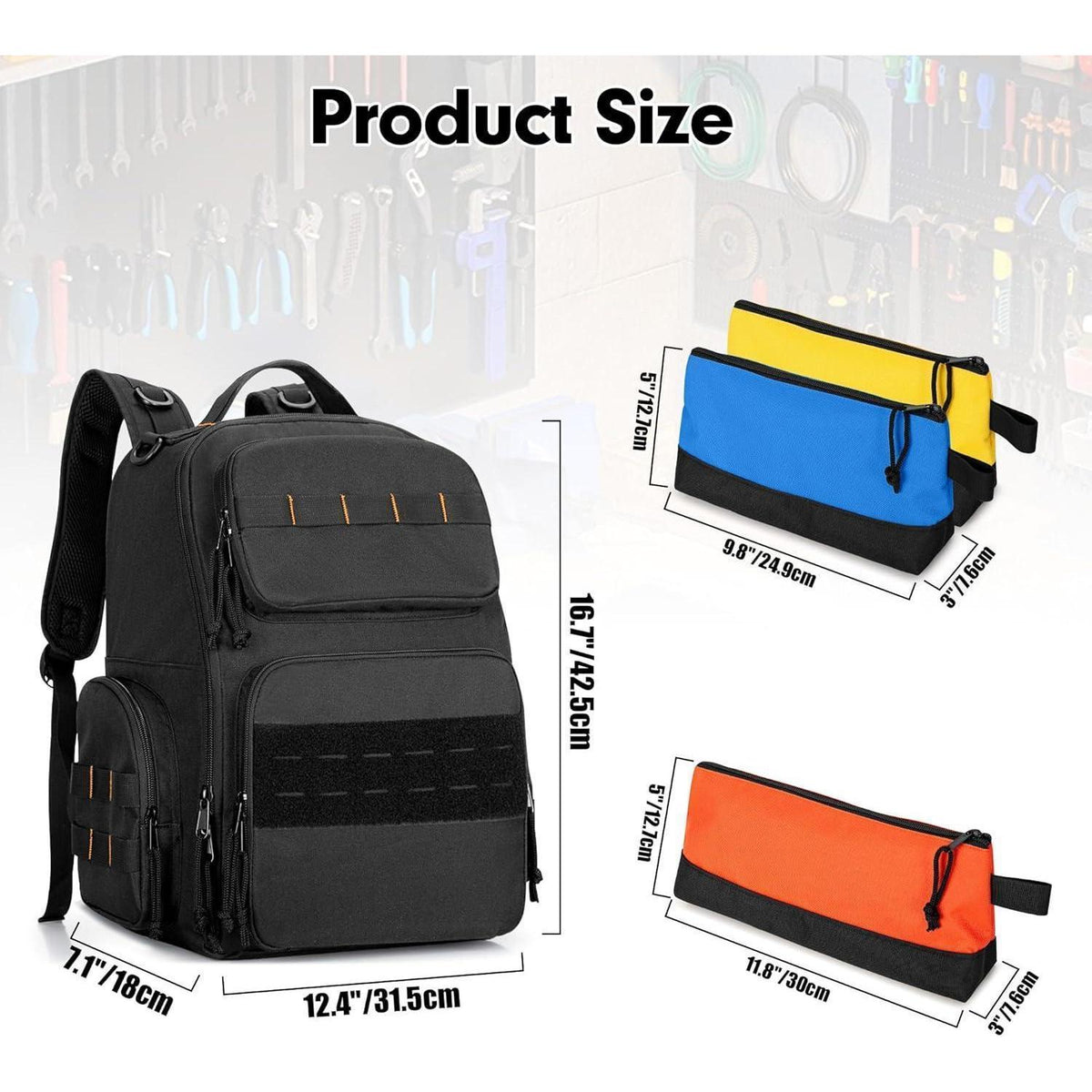Werkzeugrucksack mit 3 Organizer-Taschen, Schwarz