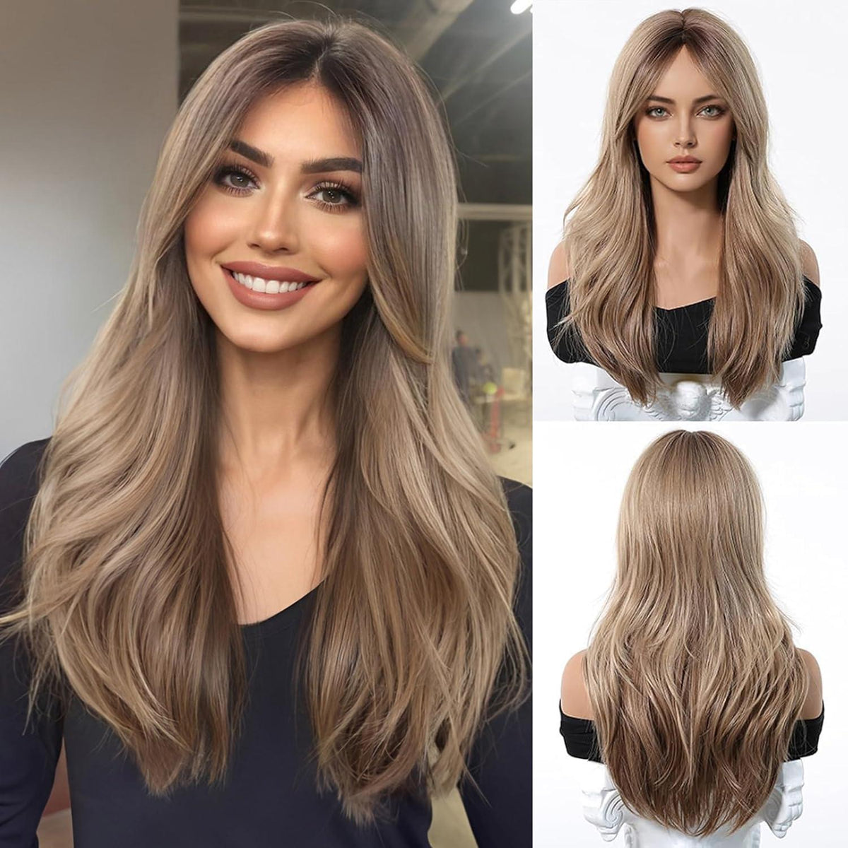 Lange Gerade Ombre Blonde Perücke mit Pony – Synthetisch & Verstellbar