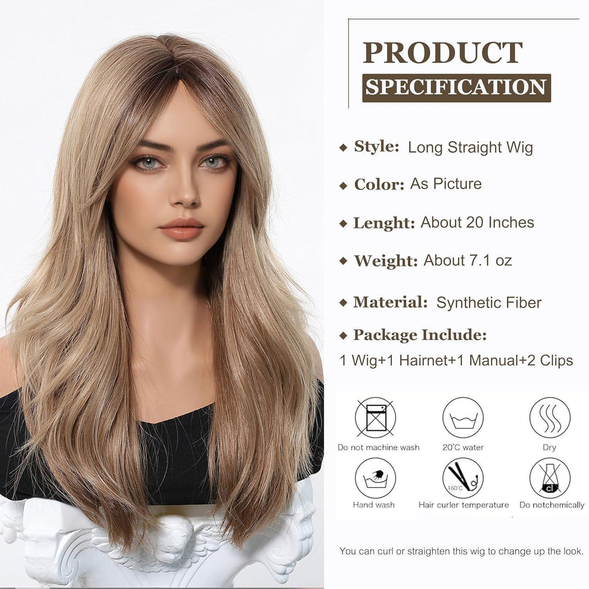 Lange Gerade Ombre Blonde Perücke mit Pony – Synthetisch & Verstellbar