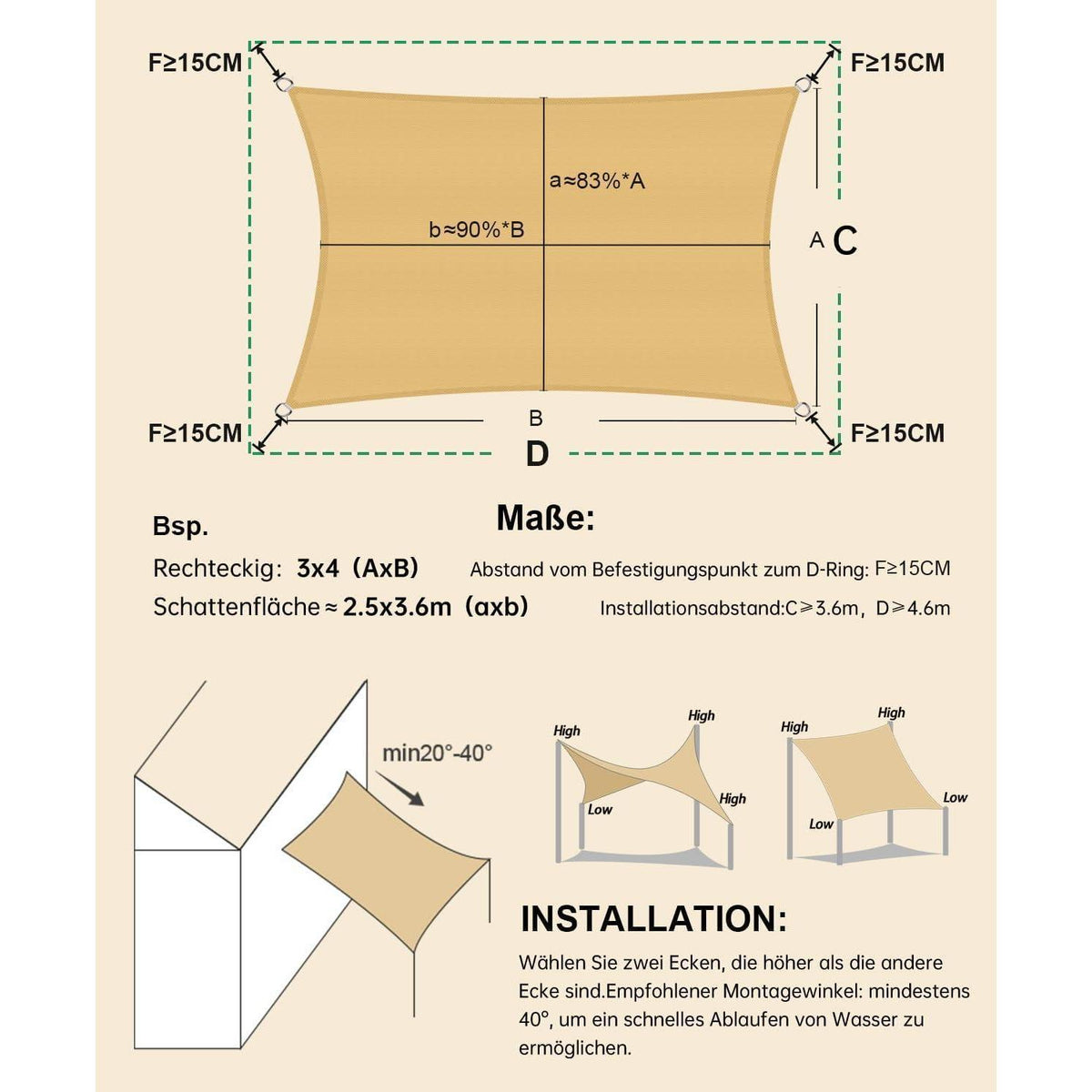 Wasserdichtes Sonnensegel 4x5m Sandbeige UV-Schutz PES Polyester