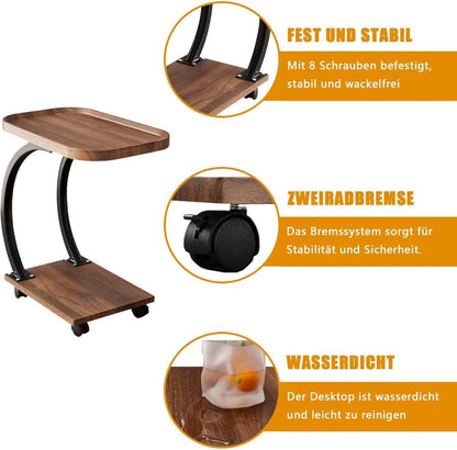 Beistelltisch C Form mit Rollen Holz Metallgestell 52x34x60 cm