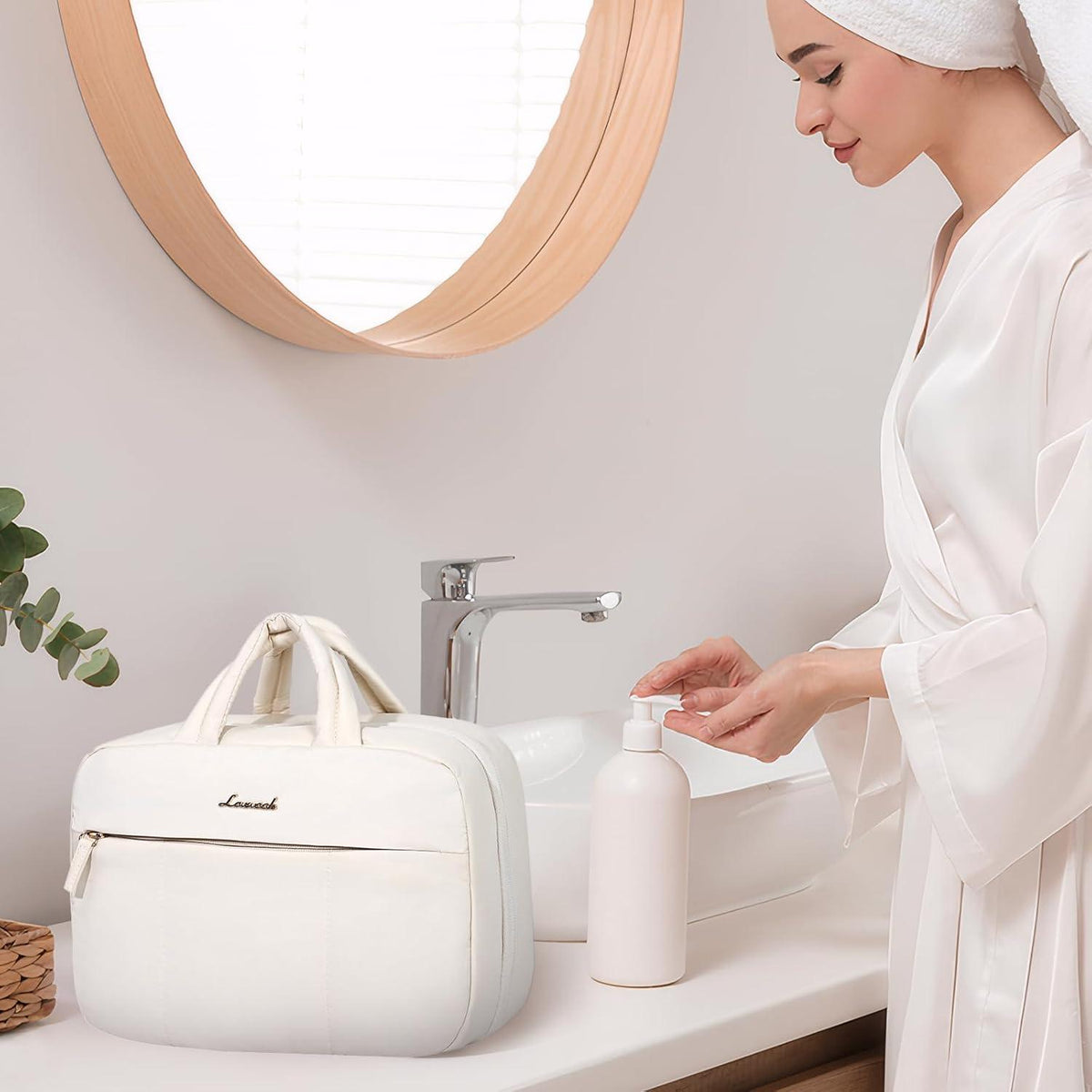 Kulturbeutel Damen LOVEVOOK zum Aufhängen 4 Fächer Beige