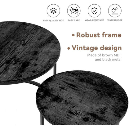 2er Set runde Beistelltische Holz mit Metallrahmen, Vintage Design