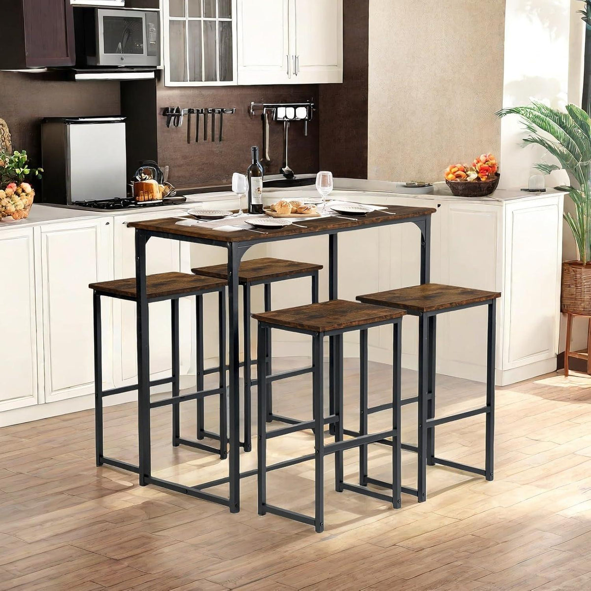 Bartisch Set mit 4 Barhockern – Industriestil Vintage Braun