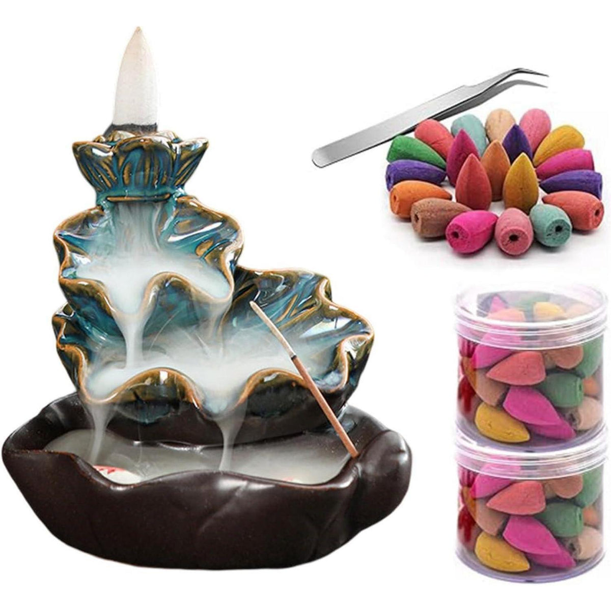 Räuchergefäß Wasserfall mit 80 Duftkegeln & Pinzette (Lotus)