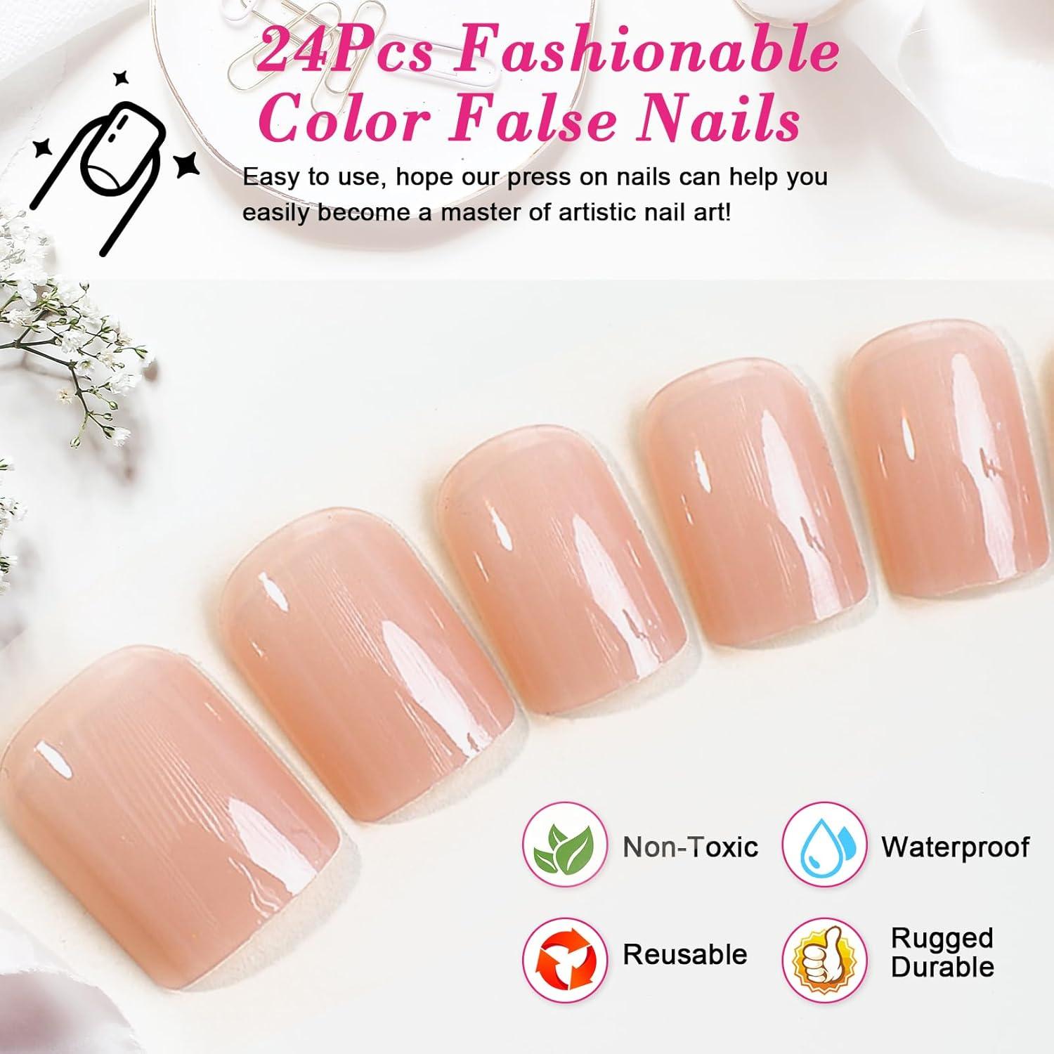 24er Set French Press on Nails kurz Eckig Nude Glossy