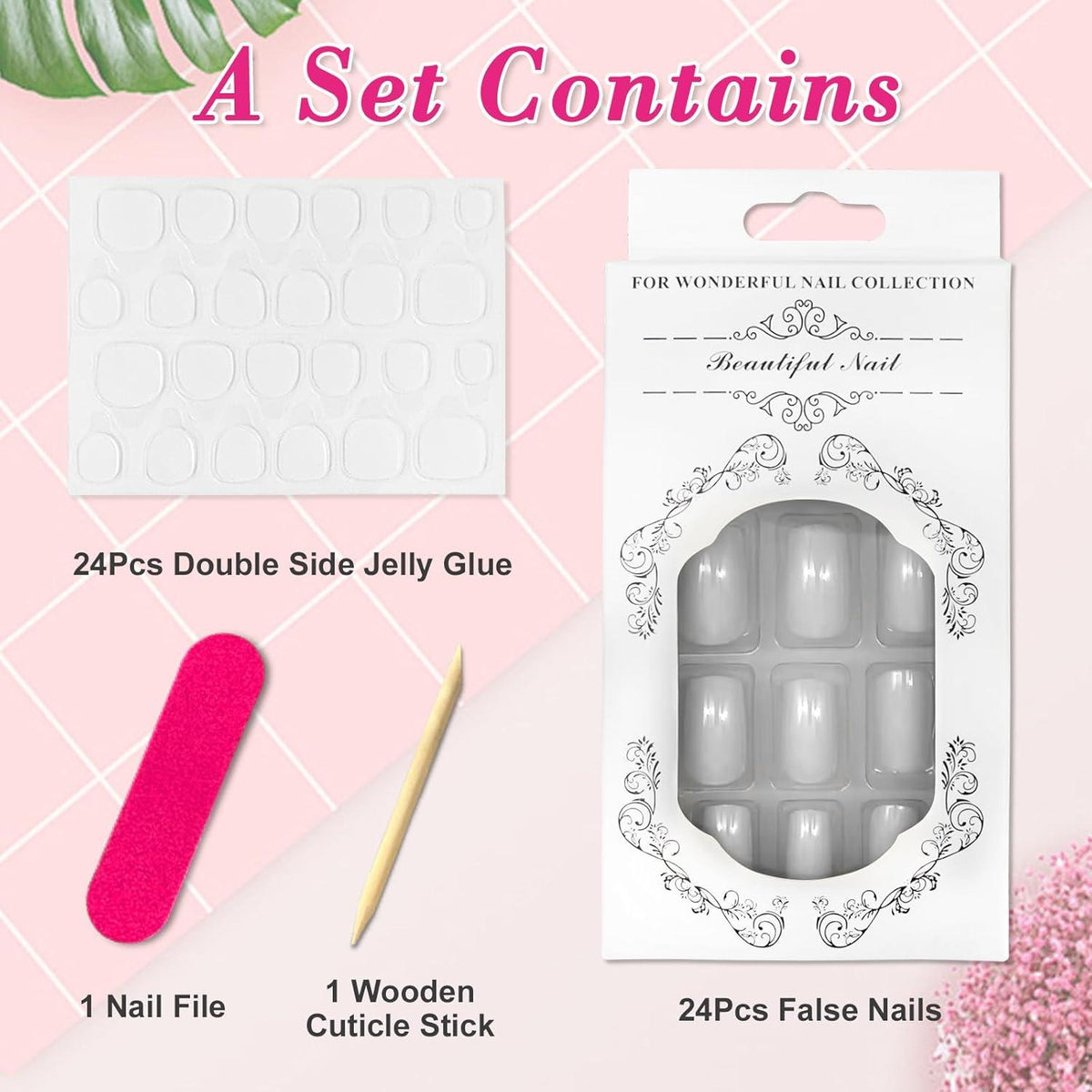 24 Stück French Press Nägel Weiß Square Kurz Acryl Fingernägel Künstliche Nägel
