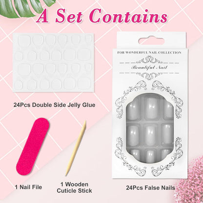 24 Stück French Press Nägel Weiß Square Kurz Acryl Fingernägel Künstliche Nägel
