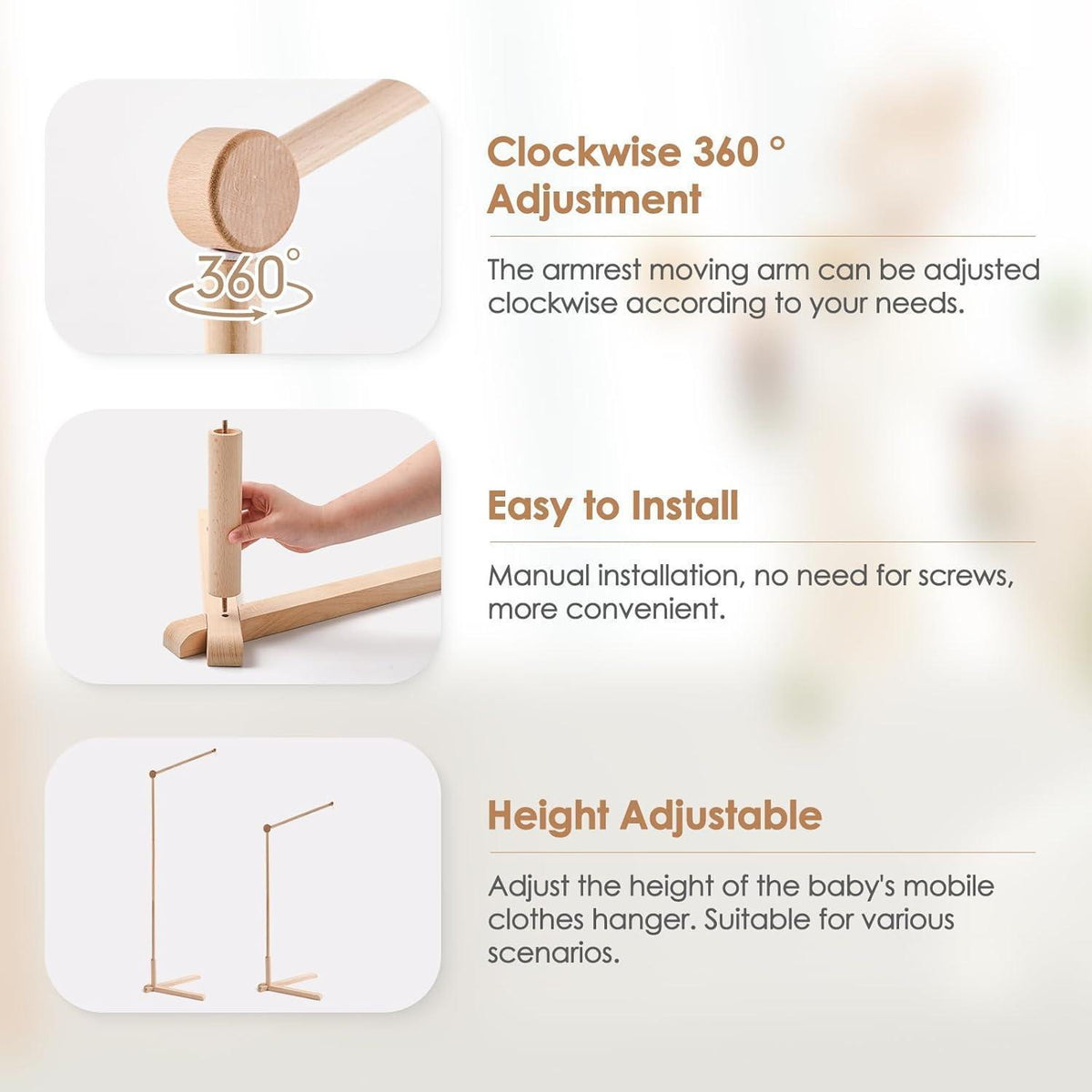 Holz Baby Mobile Halterung – Stabile & Verstellbare Spieluhr Halterung