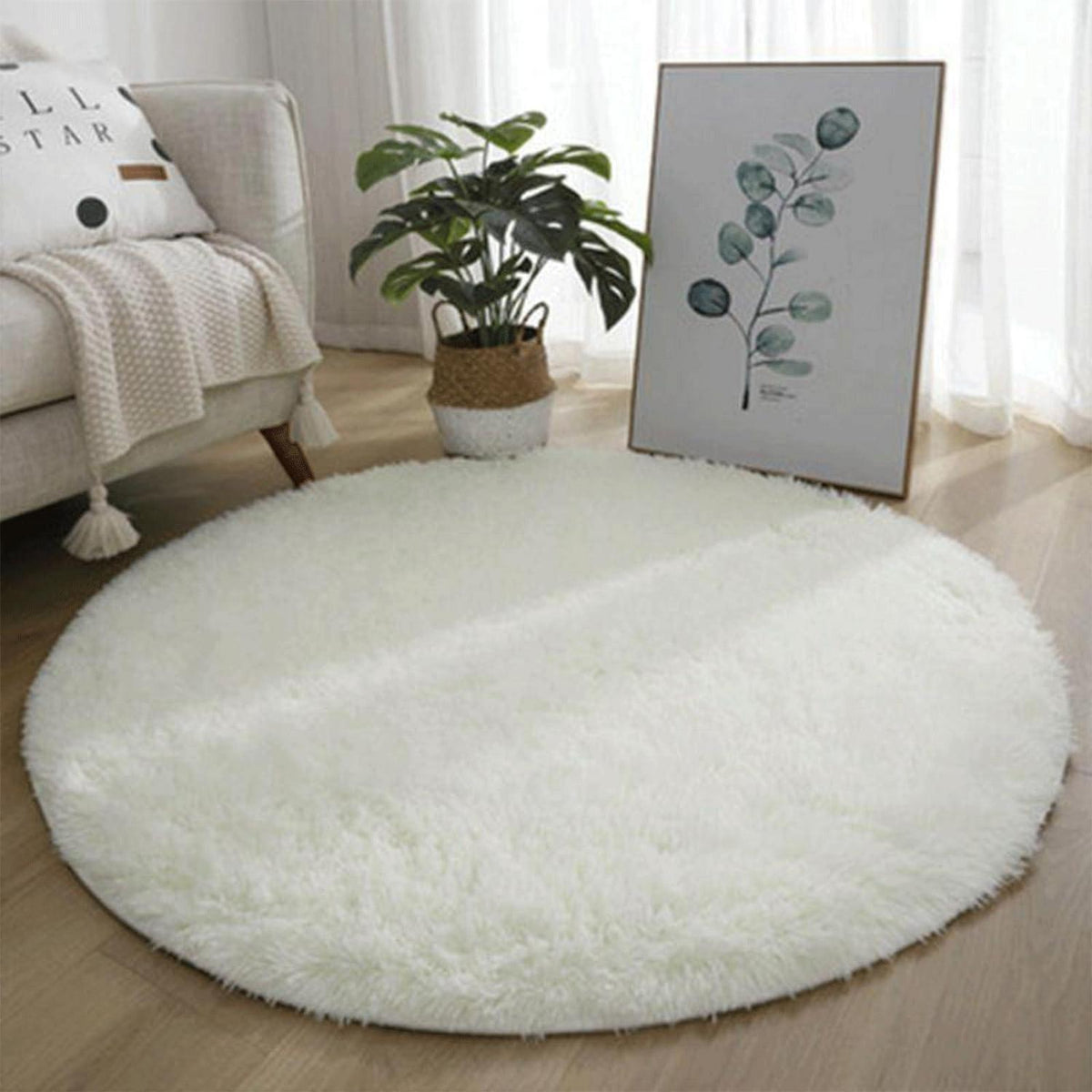 Runder Teppich Wohnzimmer Hochflor Flauschig Weiß 100cm