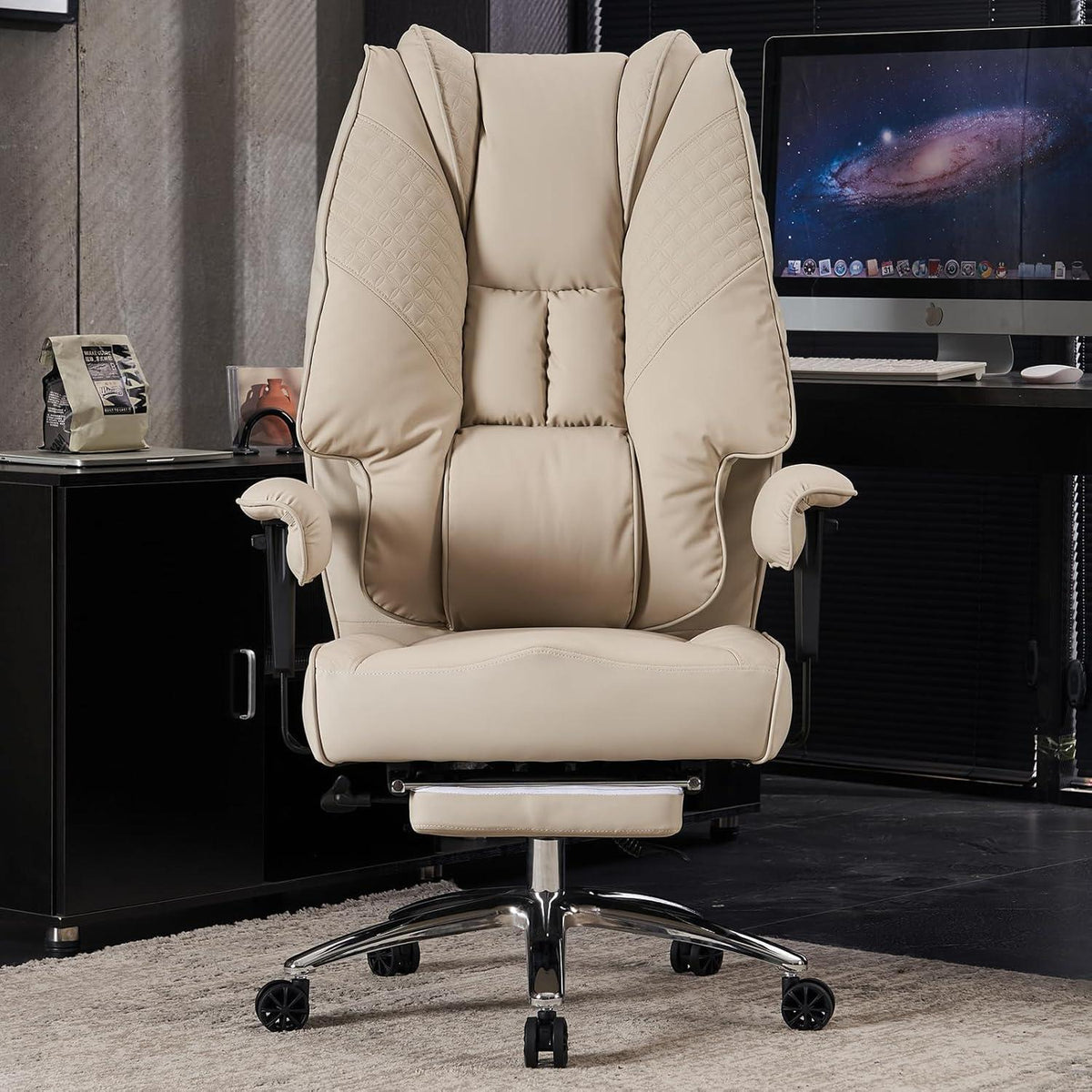 Ergonomischer Bürostuhl mit Hoher Rückenlehne und Verstellbaren Armlehnen - Beige