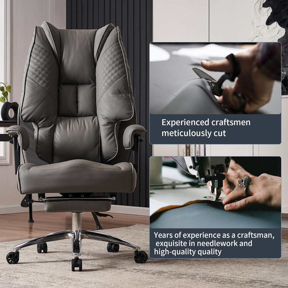 Ergonomischer Bürostuhl mit hoher Rückenlehne und breitem Sitz - GRAU