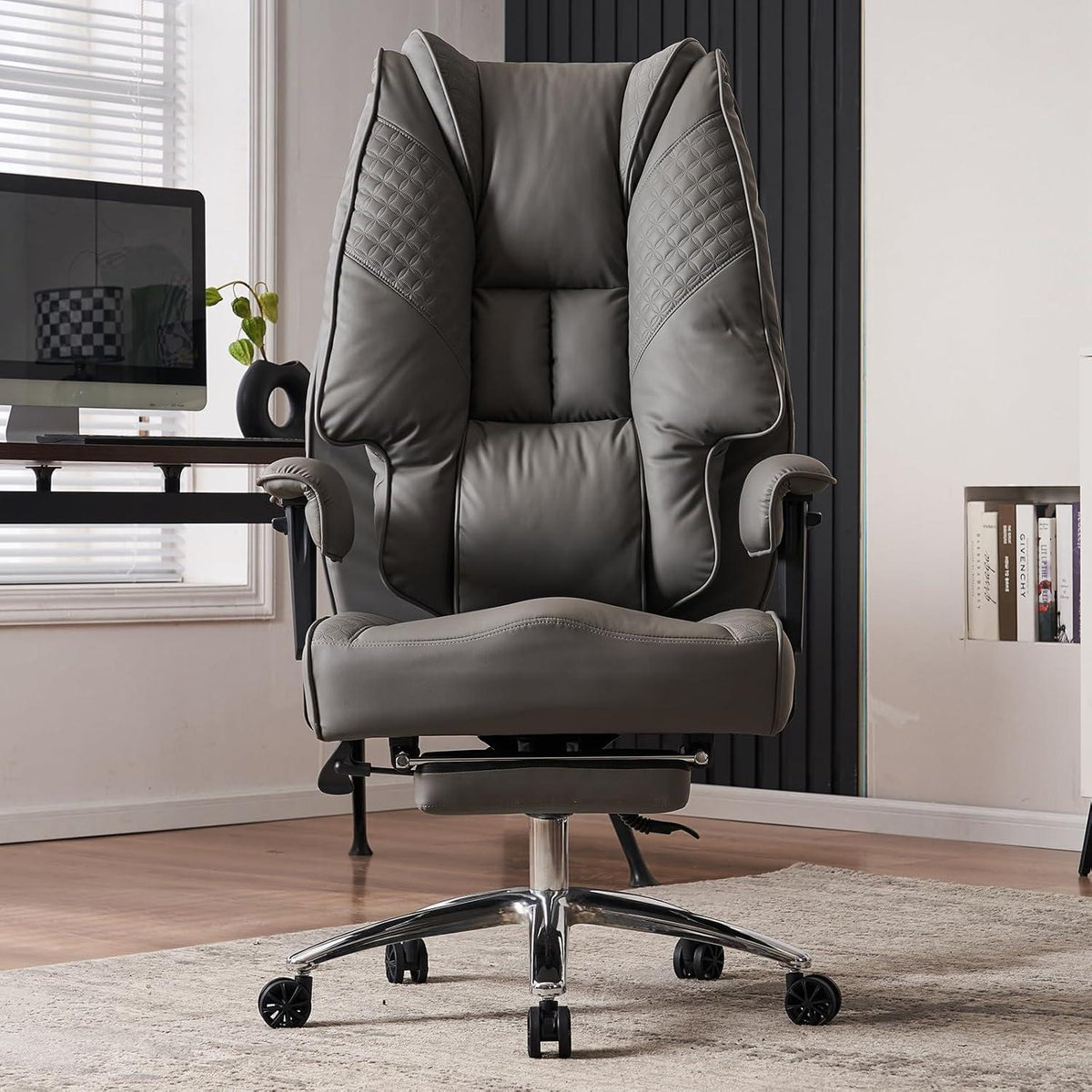 Ergonomischer Chefsessel Hohe Rückenlehne Verstellbar Armlehnen PU Leder Bürostuhl GRAU