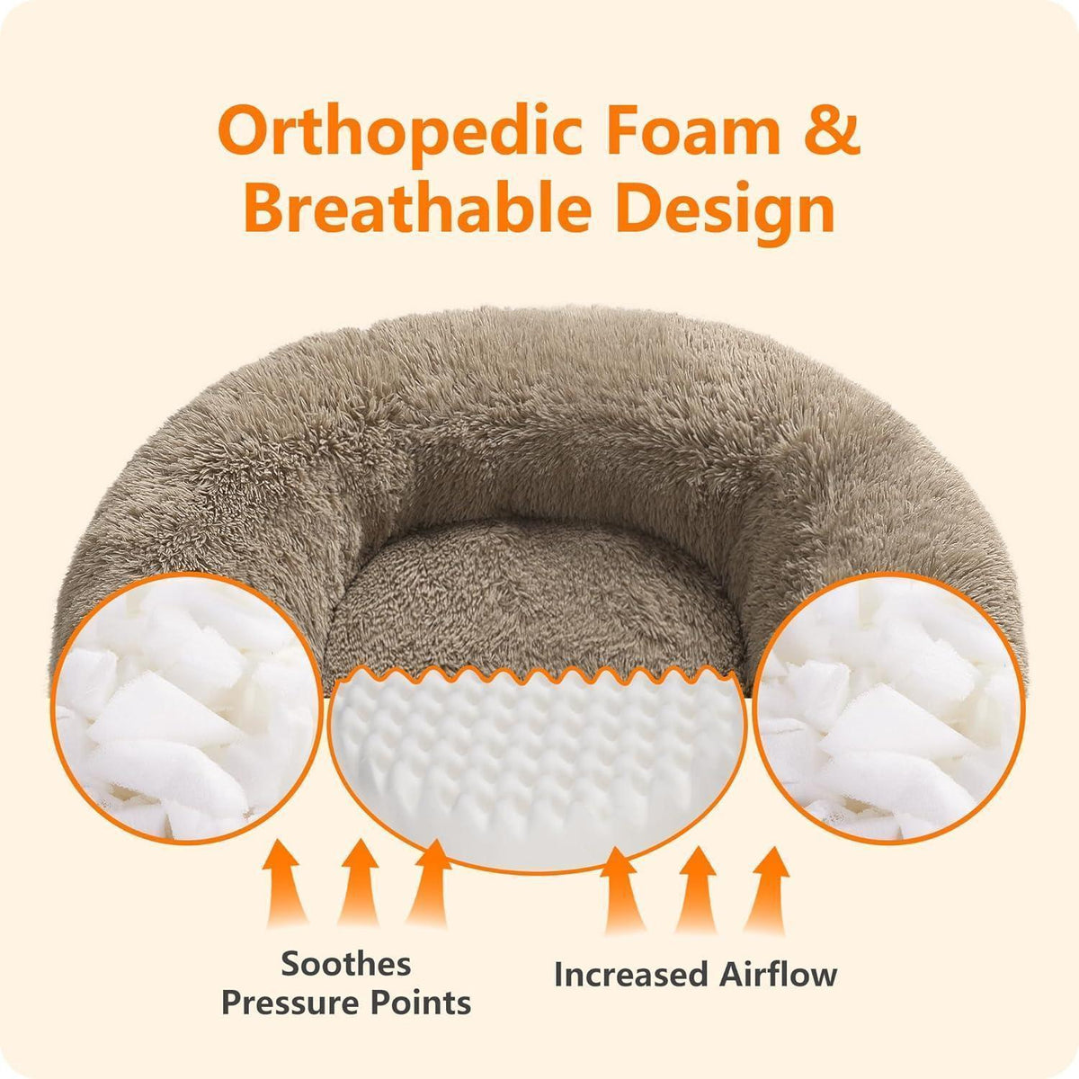 Orthopädisches Hundebett rund, kuschelig, waschbar, 70cm, Kamelbraun