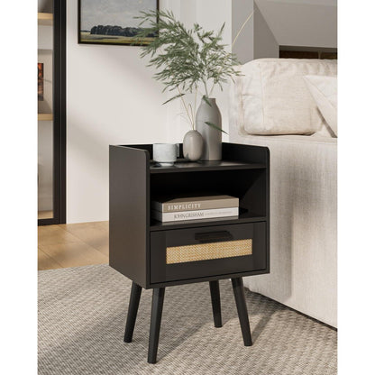 Nachttisch Rattan Beistelltisch mit Schublade Holz Beine