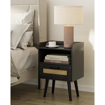 Nachttisch Rattan Beistelltisch mit Schublade Holz Beine