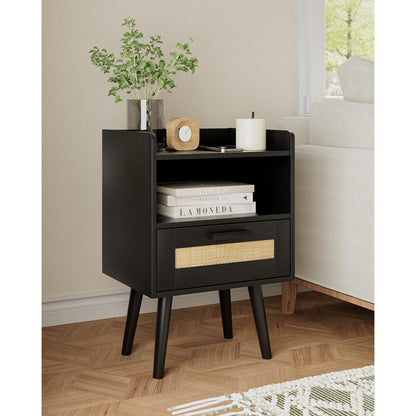 Nachttisch Rattan Beistelltisch mit Schublade Holz Beine