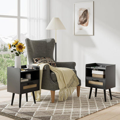 Nachttisch Rattan Beistelltisch mit Schublade Holz Beine