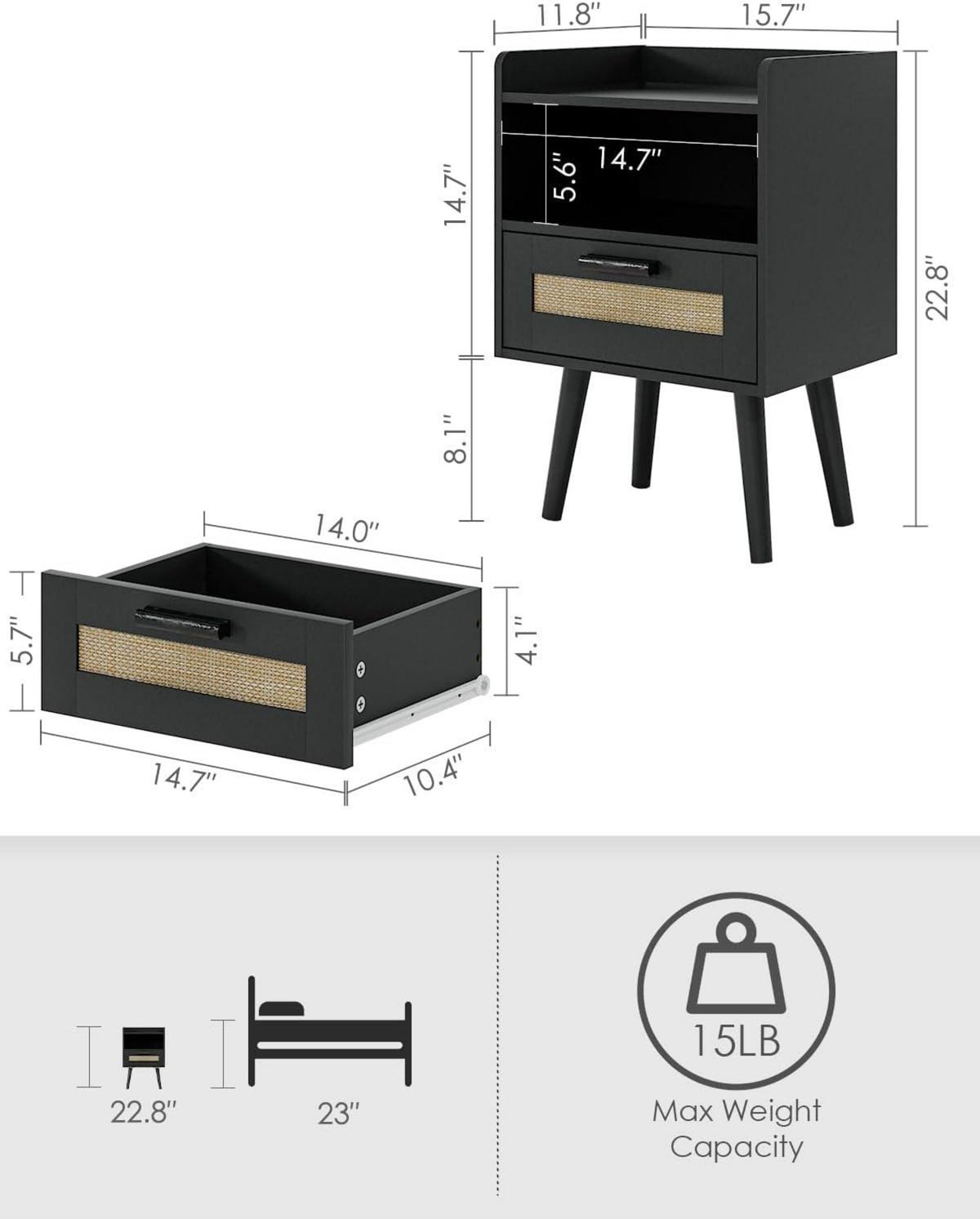 Nachttisch Rattan Beistelltisch mit Schublade Holz Beine