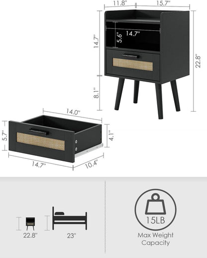 Nachttisch Rattan Beistelltisch mit Schublade Holz Beine