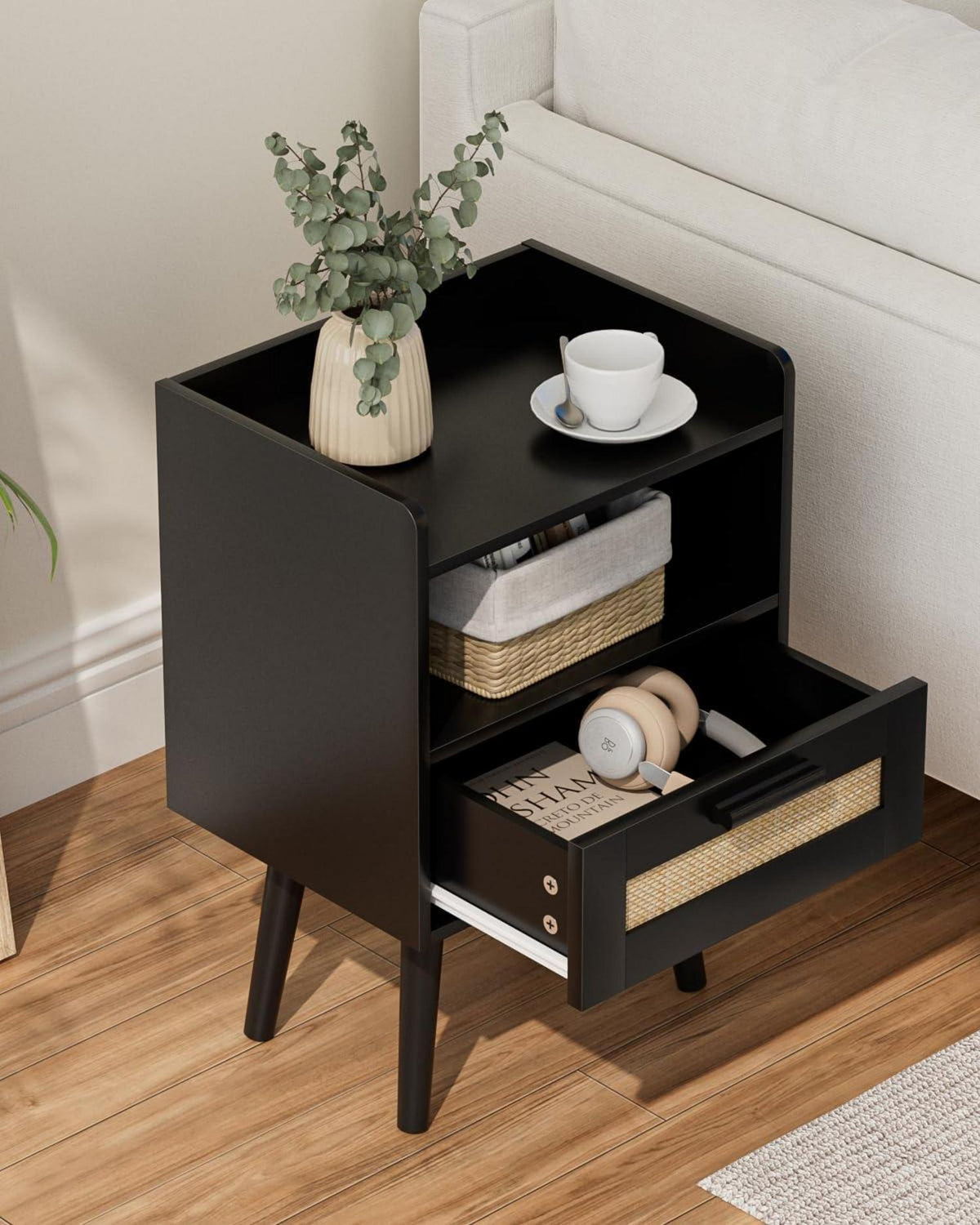 Nachttisch Rattan Beistelltisch mit Schublade Holz Beine Schwarz