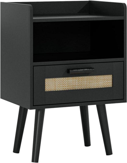 Nachttisch Rattan Beistelltisch mit Schublade Holz Beine Schwarz