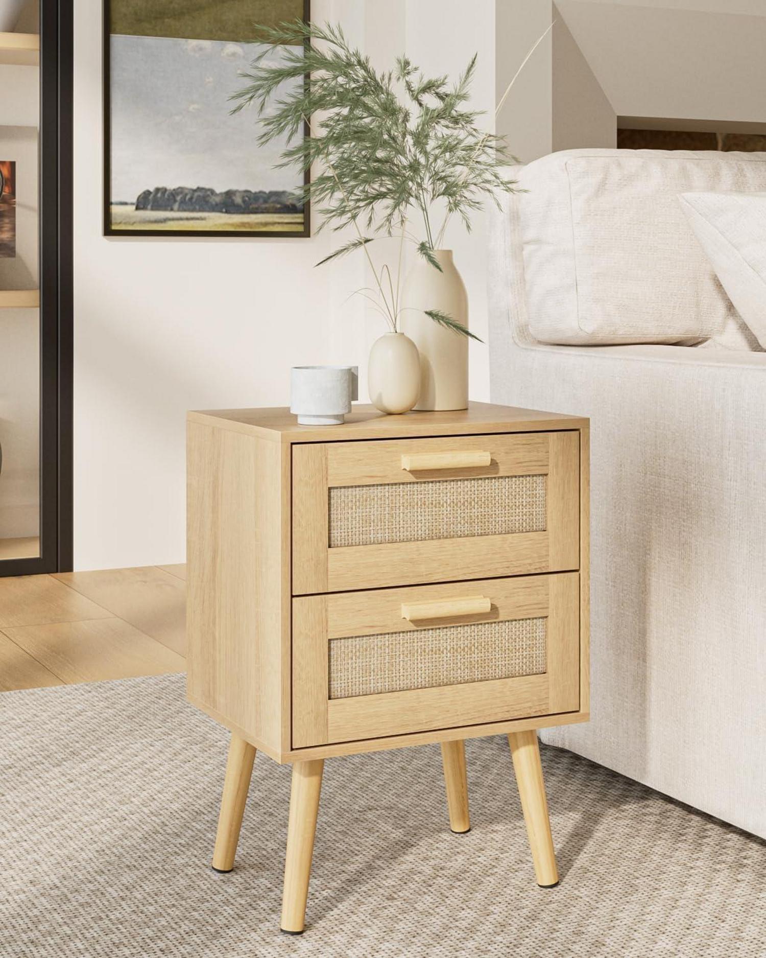 Nachttisch Rattan mit Schublade Holz Beine Schlafzimmer Wohnzimmer