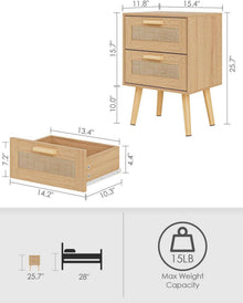 Rattan Nachttisch mit Schublade, Beistelltisch Holz Beine