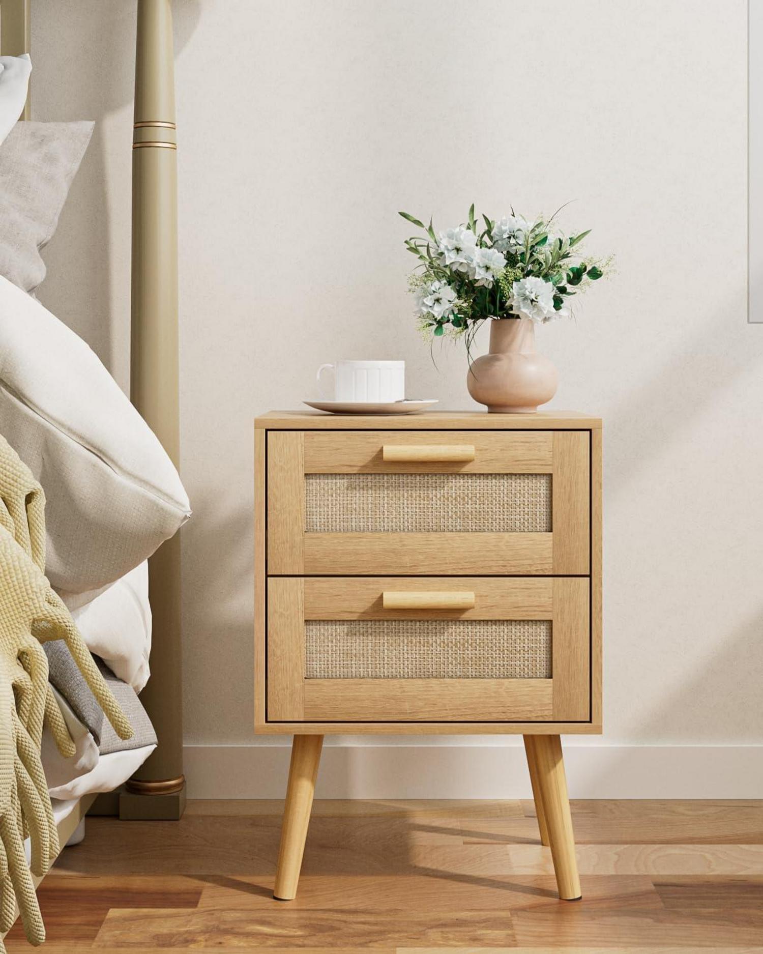 Nachttisch Rattan mit Schublade Holz Beine Schlafzimmer Wohnzimmer