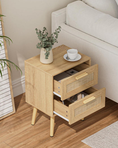 Rattan Nachttisch mit Schublade und Holzbeinen in Gelb