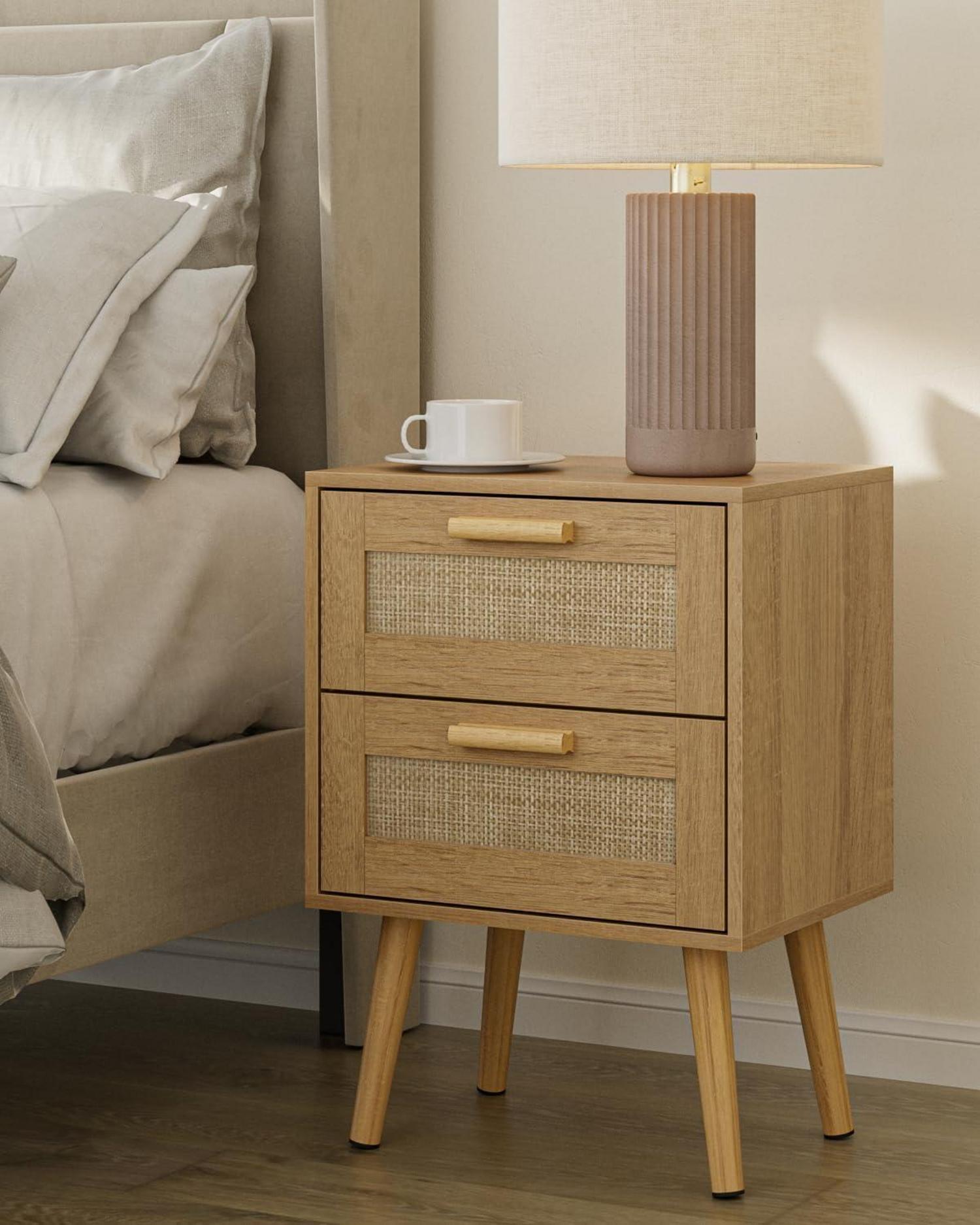 Rattan Nachttisch Beistelltisch Holz Schublade Schlafzimmer Wohnzimmer Gelb