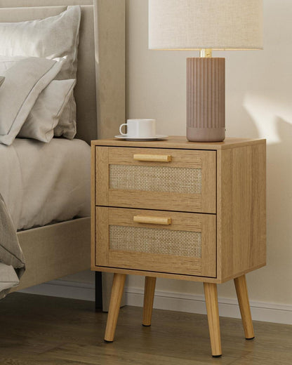 Rattan Nachttisch Beistelltisch Holz Schublade Schlafzimmer Wohnzimmer Gelb