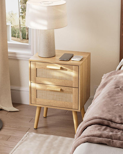 Rattan Nachttisch Beistelltisch Holz Schublade Schlafzimmer Wohnzimmer Gelb