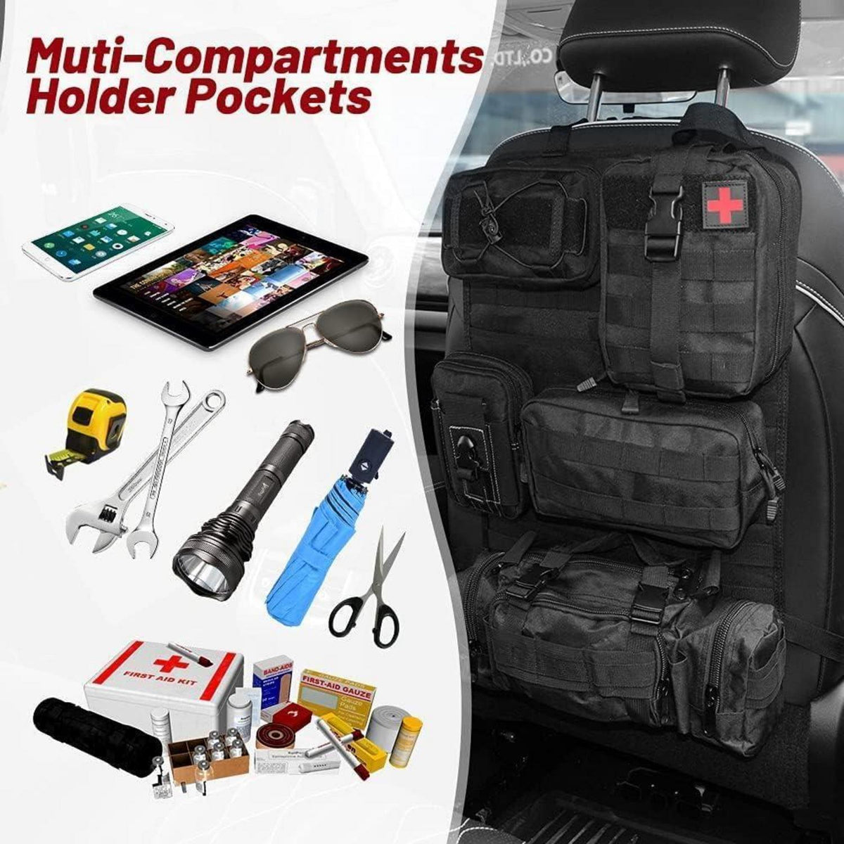 Taktischer Autositz Organizer mit 5 Molle Taschen – Rücksitz Ordnungssystem