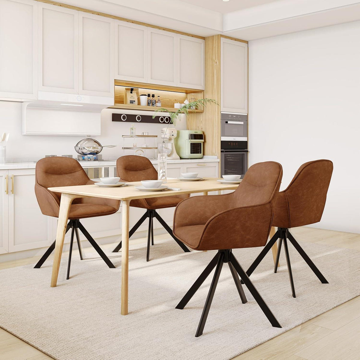 Drehstuhl Esszimmer 4er Set Braun mit Armlehnen in Lederoptik