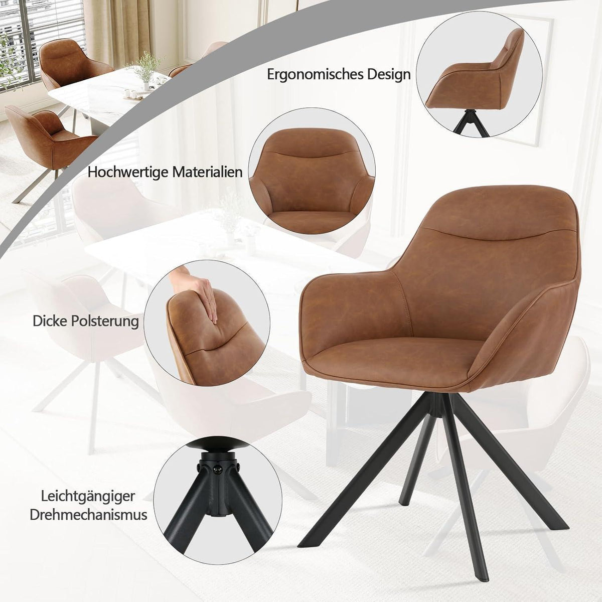 Drehstuhl Esszimmer 4er Set Braun mit Armlehnen in Lederoptik